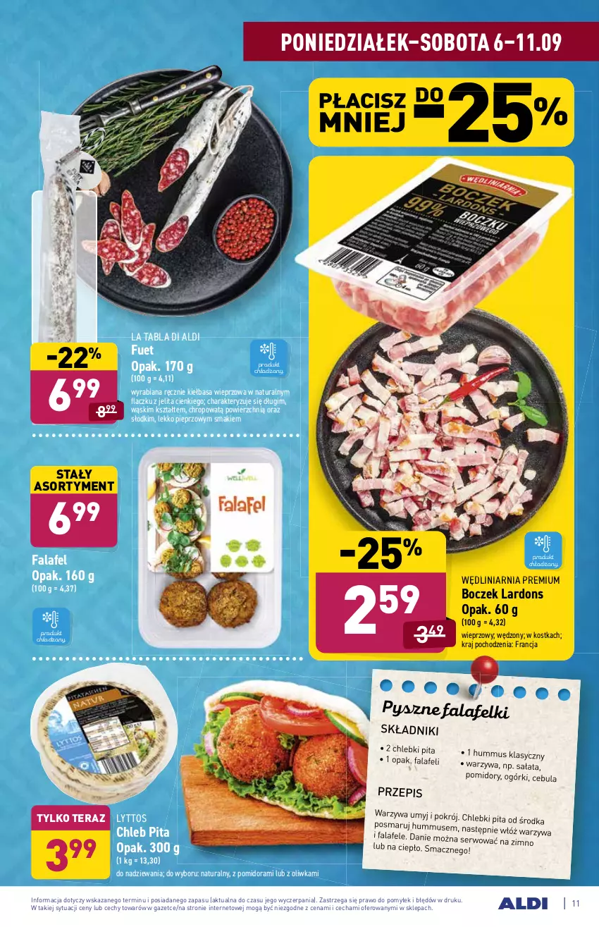 Gazetka promocyjna Aldi - ważna 06.09 do 11.09.2021 - strona 11 - produkty: Boczek, Cebula, Chleb, Fa, Hummus, Kiełbasa, Mus, Pieprz, Pomidory, Sałat, Ser, Tera, Warzywa