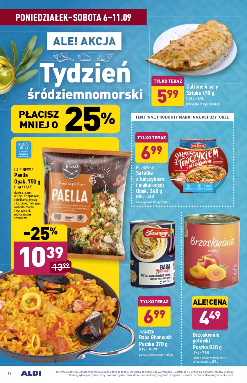 Gazetka promocyjna Aldi - ważna 06.09 do 11.09.2021 - strona 14 - produkty: Brzoskwinie, Danie gotowe, Kurczak, Makaron, Mintaj, Pasta z bakłażanów, Podravka, Ryż, Sałat, Sałatka, Ser, Szafran, Tera, Tuńczyk, Warzywa