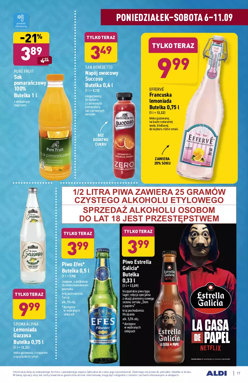 Gazetka promocyjna Aldi - ważna 06.09 do 11.09.2021 - strona 17 - produkty: Alpina, Gra, Lemoniada, Napój, Papier, Piwa, Piwo, Puma, Pur, Ser, Sok, Sok pomarańczowy, Tera