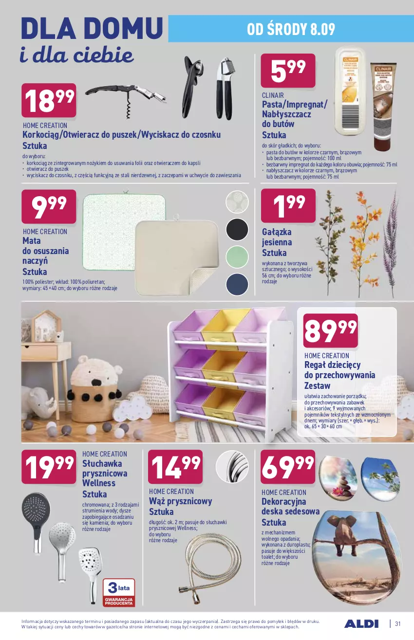 Gazetka promocyjna Aldi - ważna 06.09 do 11.09.2021 - strona 31 - produkty: Clin, Deska sedesowa, Dzieci, Koc, Korkociąg, Noż, Otwieracz, Pojemnik, Por, Regał, Rum, Słuchawka prysznicowa, Słuchawki, Sok