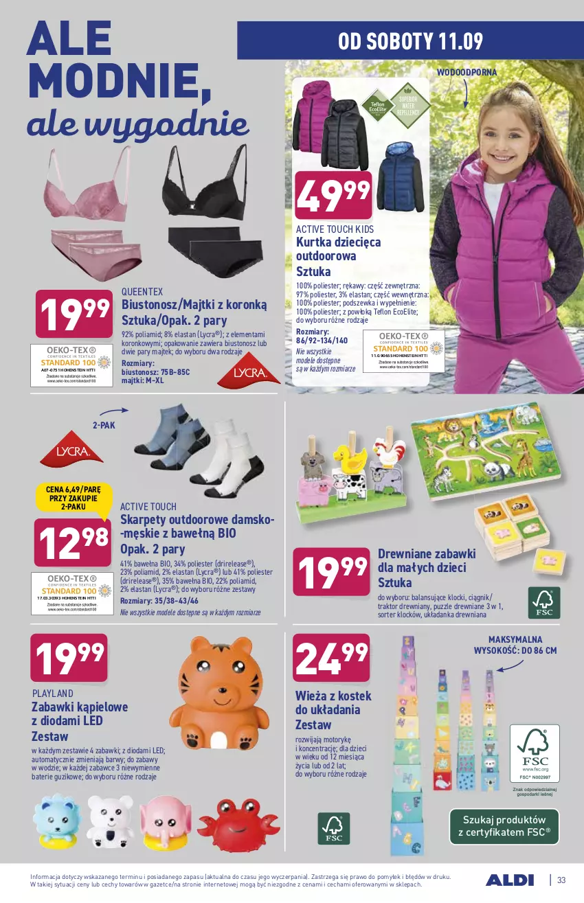 Gazetka promocyjna Aldi - ważna 06.09 do 11.09.2021 - strona 33 - produkty: Biustonosz, Dzieci, Karp, Klocki, Kurtka, Kurtka dziecięca, Majtki, Por, Puzzle, Queentex, Sok, Stek, Traktor, Układanka, Wełna