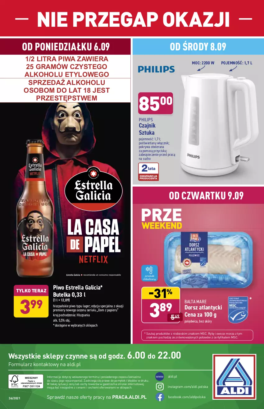 Gazetka promocyjna Aldi - ważna 06.09 do 11.09.2021 - strona 36 - produkty: Balta Mare, Czajnik, Dorsz, Fa, Gra, Owoce, Owoce morza, Papier, Philips, Piec, Piwa, Piwo, Pokrywa, Polędwica, Ryby i owoce morza, Ser, Tera