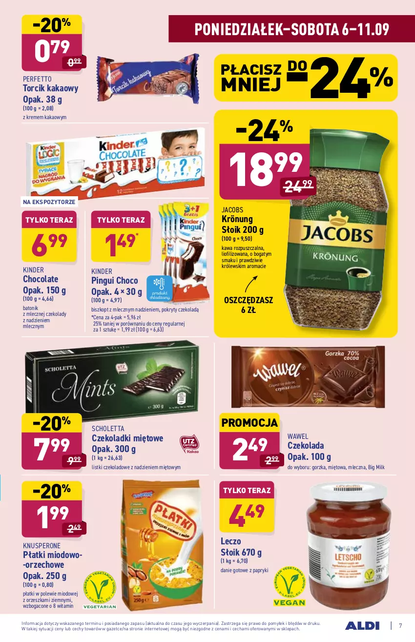 Gazetka promocyjna Aldi - ważna 06.09 do 11.09.2021 - strona 7 - produkty: Baton, Big Milk, Czekolada, Danie gotowe, Jacobs, Jacobs Krönung, Kakao, Kawa, Kawa rozpuszczalna, Kinder, Królewski, Por, Tera, Tonik, Wawel