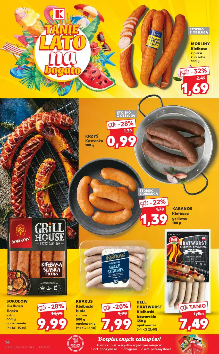 Gazetka promocyjna Kaufland - OFERTA TYGODNIA - ważna 29.07 do 04.08.2021 - strona 14 - produkty: Bell, Grill, Kabanos, Kasza, Kaszanka, Kiełbasa, Kiełbasa śląska, Kiełbasa z piersi kurczaka, Kiełbaski białe, Krakus, Kurczak, Morliny, Piec, Sok, Sokołów