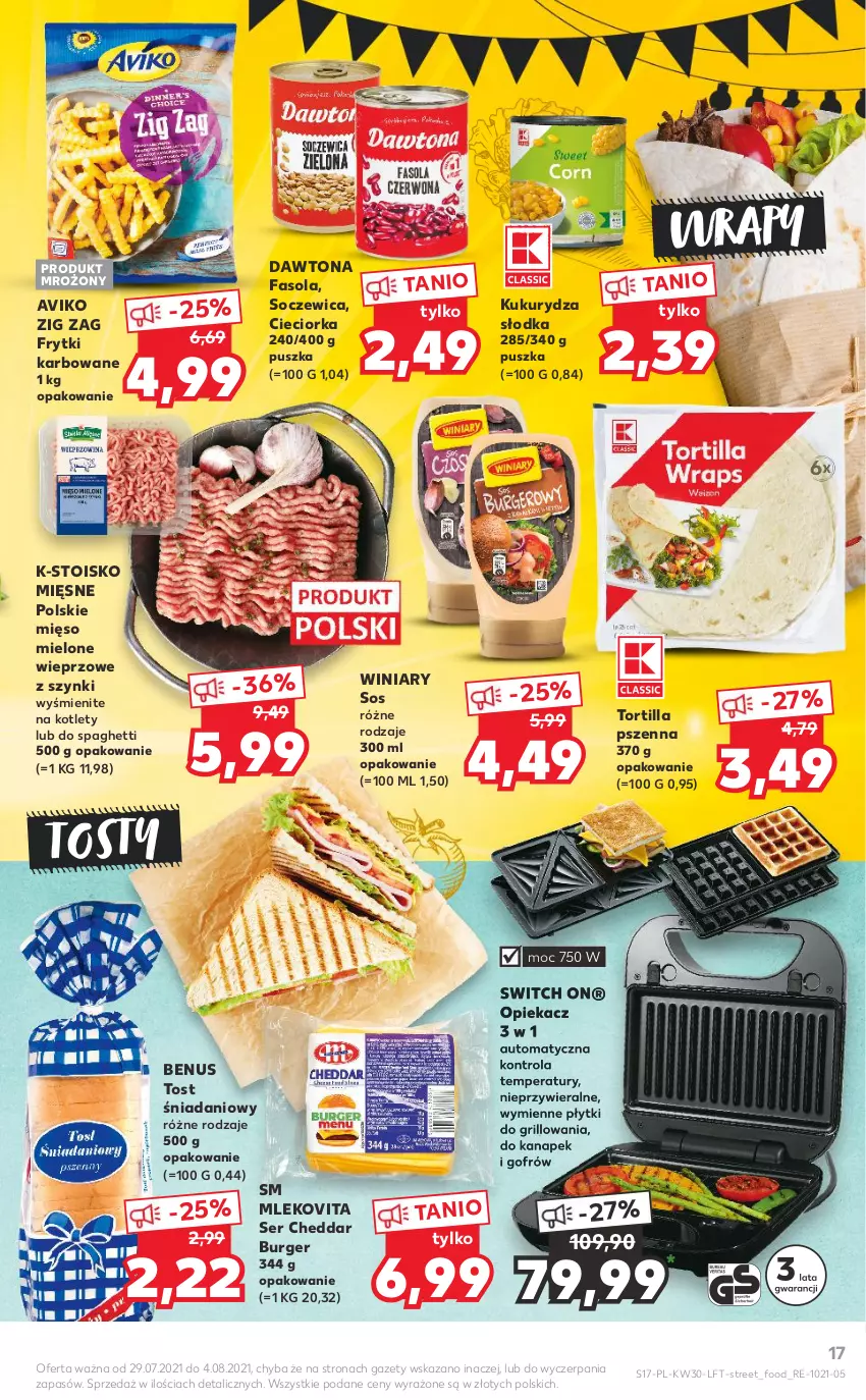 Gazetka promocyjna Kaufland - OFERTA TYGODNIA - ważna 29.07 do 04.08.2021 - strona 17 - produkty: Burger, Cheddar, Cieciorka, Danio, Dawtona, Fa, Fasola, Frytki, Grill, Kotlet, Kukurydza, Mięso, Mięso mielone, Mleko, Mlekovita, Orka, Ser, Sos, Spaghetti, Tortilla, Winiary