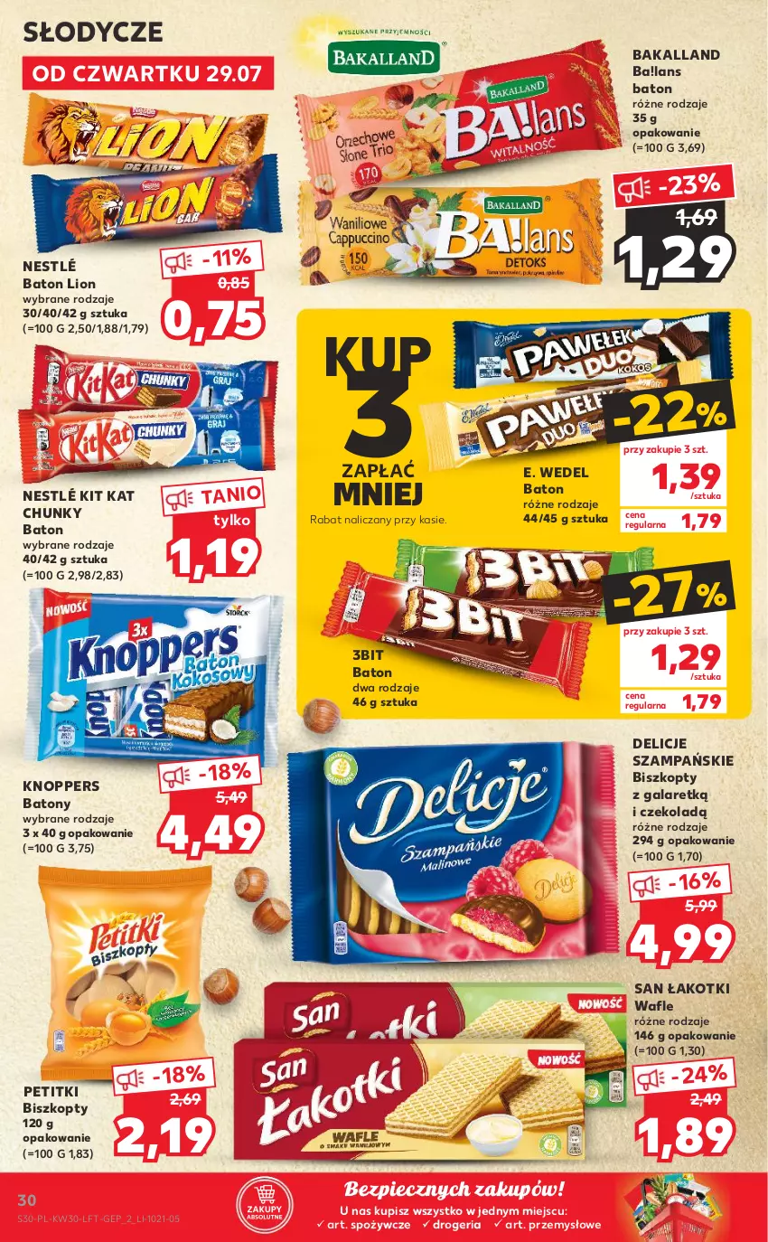 Gazetka promocyjna Kaufland - OFERTA TYGODNIA - ważna 29.07 do 04.08.2021 - strona 30 - produkty: Ba!, Bakalland, Baton, Biszkopty, Delicje, E. Wedel, Gala, Kit Kat, Knoppers, Lion, Nestlé, Piec, Tera, Wafle