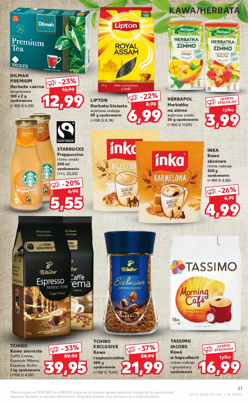 Gazetka promocyjna Kaufland - OFERTA TYGODNIA - ważna 29.07 do 04.08.2021 - strona 31 - produkty: Dilmah, Gra, Herbapol, Herbata, Herbata czarna, Inka, Jacobs, Kawa, Kawa rozpuszczalna, Kawa zbożowa, Kawa ziarnista, Lipton, Rama, Tassimo, Tchibo