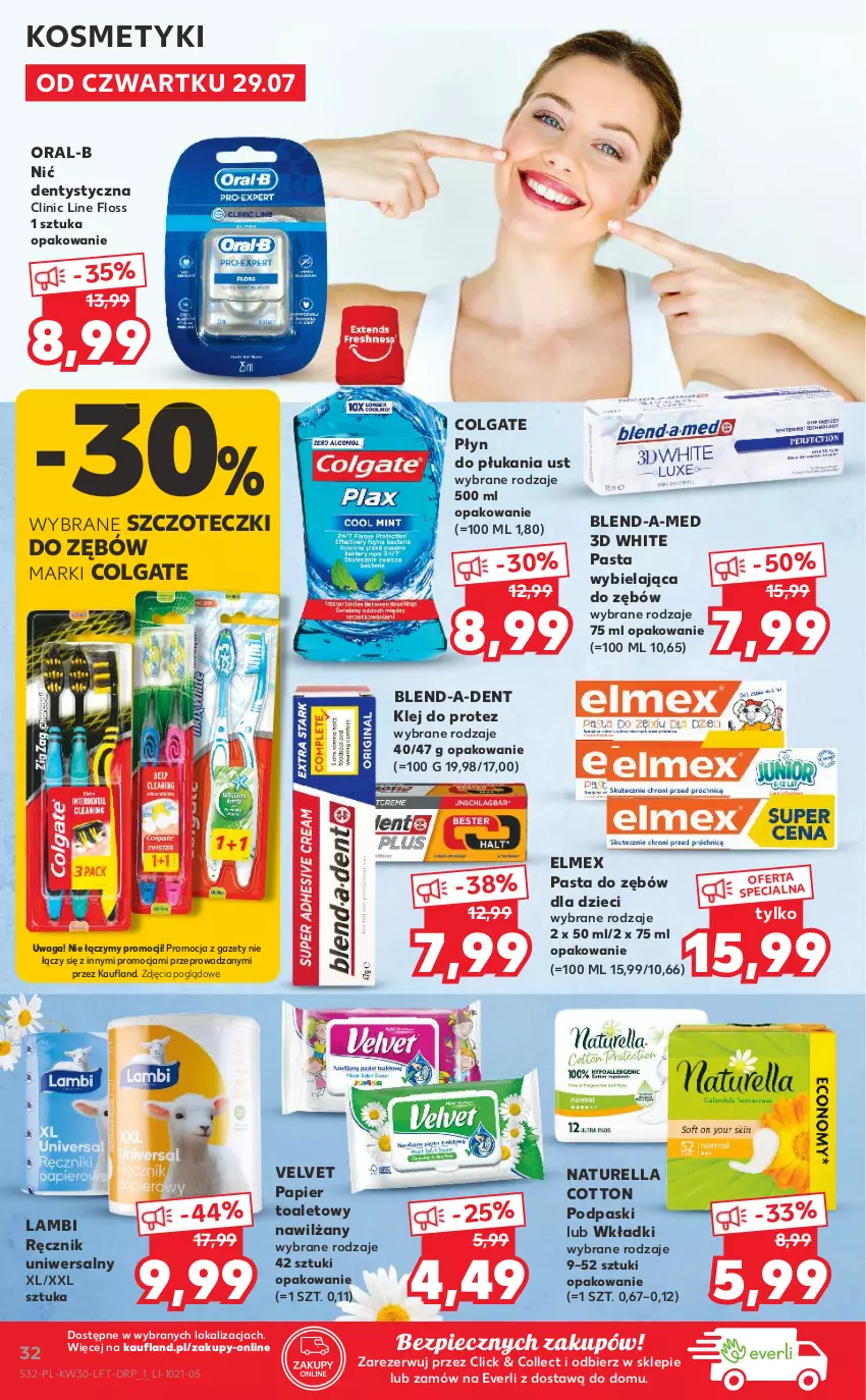 Gazetka promocyjna Kaufland - OFERTA TYGODNIA - ważna 29.07 do 04.08.2021 - strona 32 - produkty: Blend-a-Med, Clin, Colgate, Dzieci, Elmex, Klej, LG, Naturell, Naturella, Nić dentystyczna, Papier, Papier toaletowy, Pasta do zębów, Piec, Płyn do płukania, Podpaski, Ręcznik, Velvet, Waga, Wkładki