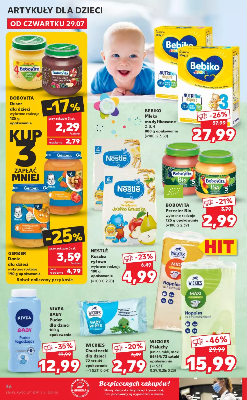 Gazetka promocyjna Kaufland - OFERTA TYGODNIA - ważna 29.07 do 04.08.2021 - strona 36 - produkty: Bebiko, BoboVita, Chusteczki, Danie dla dzieci, Deser, Dzieci, Gerber, Mleko, Mleko modyfikowane, Nestlé, Nivea, Nivea Baby, Piec, Pieluchy, Puder, Ryż, Ser