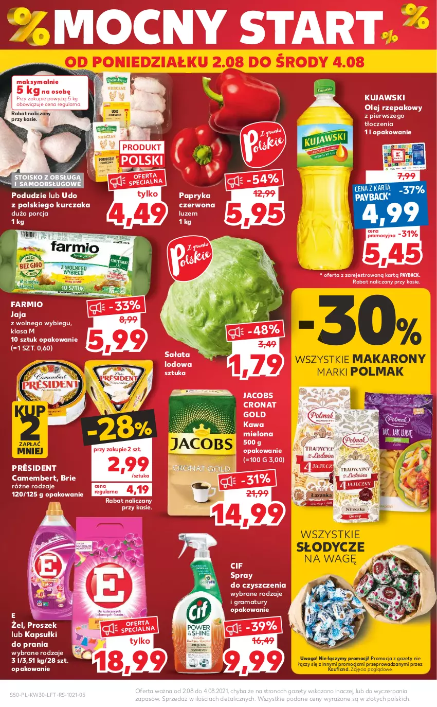 Gazetka promocyjna Kaufland - OFERTA TYGODNIA - ważna 29.07 do 04.08.2021 - strona 50 - produkty: Brie, Camembert, Cif, Fa, Gra, Jacobs, Jaja, Jaja z wolnego wybiegu, Kapsułki do prania, Kawa, Kawa mielona, Kujawski, Kurczak, Makaron, Olej, Olej rzepakowy, Olma, Papryka, Papryka czerwona, Por, Président, Rama, Sałat, Sałata lodowa, Spray do czyszczenia, Waga