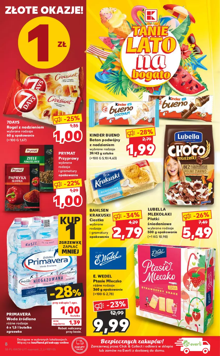 Gazetka promocyjna Kaufland - OFERTA TYGODNIA - ważna 29.07 do 04.08.2021 - strona 8 - produkty: Baton, Bell, Bella, Ciastka, Danio, E. Wedel, Gra, Kinder, Kinder Bueno, Krakus, Krakuski, LANA, Lubella, Mleczko, Mleko, Piec, Prima, Primavera, Prymat, Przyprawy, Ptasie mleczko, Rama, Rogal, Woda