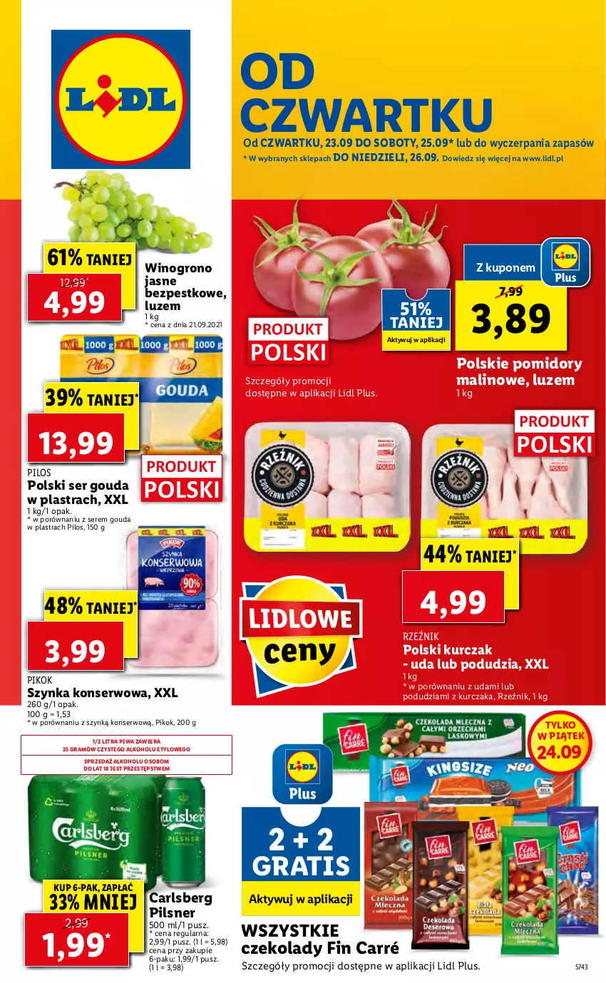 Gazetka promocyjna Lidl - GAZETKA - ważna 23.09 do 26.09.2021 - strona 1 - produkty: Carlsberg, Gouda, Gra, Kurczak, PIKOK, Pilos, Piwa, Pomidory, Por, Ser, Szynka, Szynka konserwowa, Wino