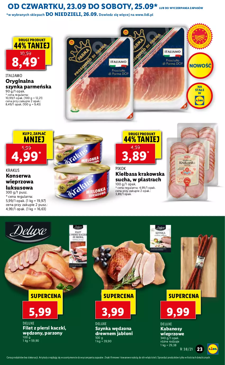 Gazetka promocyjna Lidl - GAZETKA - ważna 23.09 do 26.09.2021 - strona 23 - produkty: Filet z piersi kaczki, Gin, Kabanos, Kiełbasa, Kiełbasa krakowska, Krakus, PIKOK, Ser, Szynka