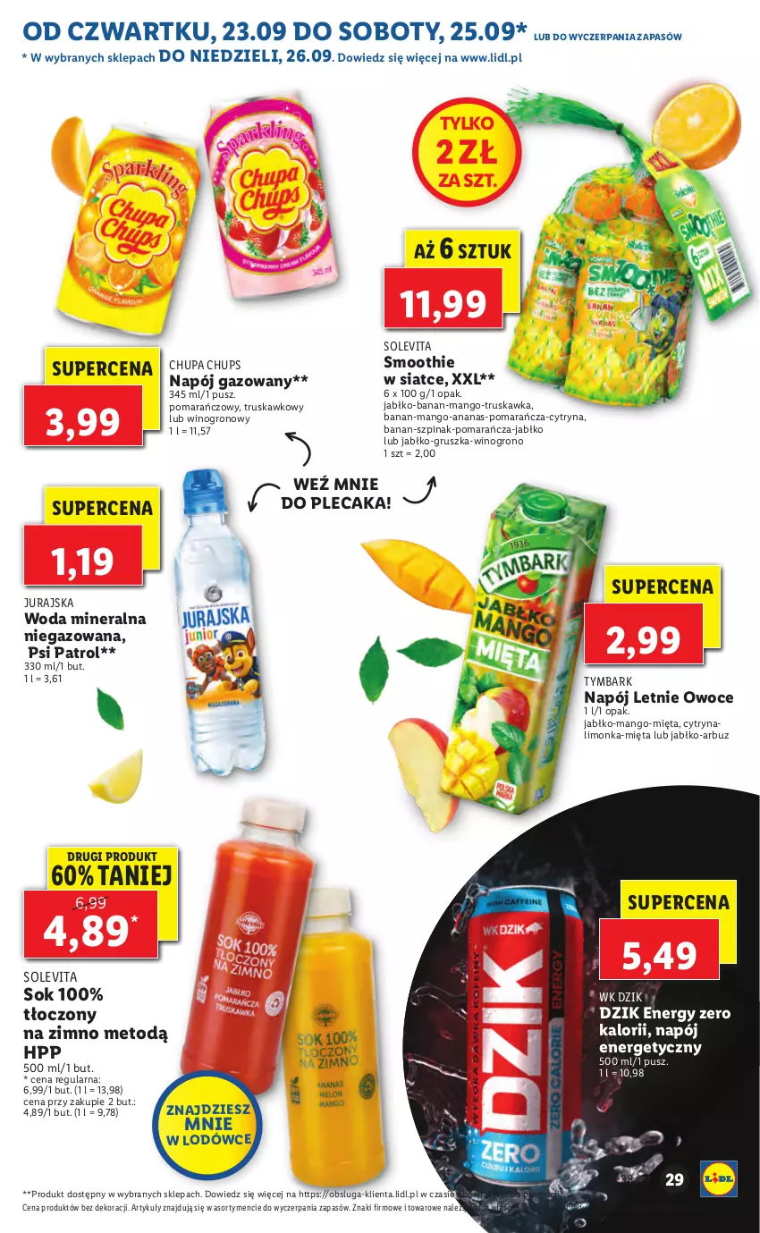 Gazetka promocyjna Lidl - GAZETKA - ważna 23.09 do 26.09.2021 - strona 29 - produkty: Ananas, Arbuz, Chupa Chups, HP, Limonka, Mango, Mięta, Napój, Napój energetyczny, Napój gazowany, Owoce, Plecak, Psi Patrol, Smoothie, Sok, Szpinak, Tymbark, Wino, Woda, Woda mineralna