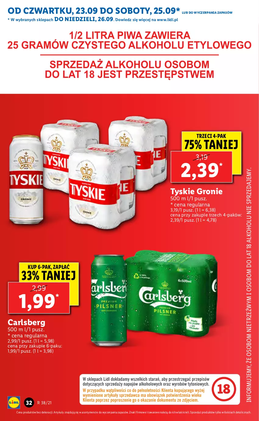 Gazetka promocyjna Lidl - GAZETKA - ważna 23.09 do 26.09.2021 - strona 32 - produkty: Carlsberg, Tyskie