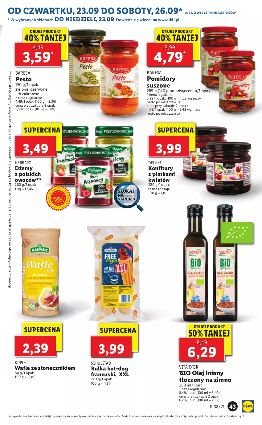 Gazetka promocyjna Lidl - GAZETKA - ważna 23.09 do 26.09.2021 - strona 43 - produkty: Bułka, Dżem, Herbapol, Kupiec, Olej, Pesto, Piec, Pomidory, Wafle