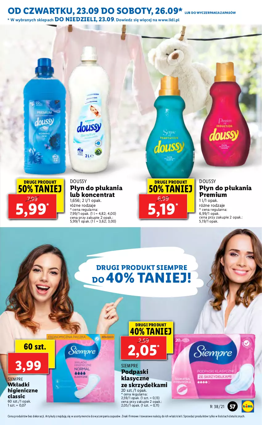 Gazetka promocyjna Lidl - GAZETKA - ważna 23.09 do 26.09.2021 - strona 57 - produkty: Płyn do płukania, Podpaski, Wkładki