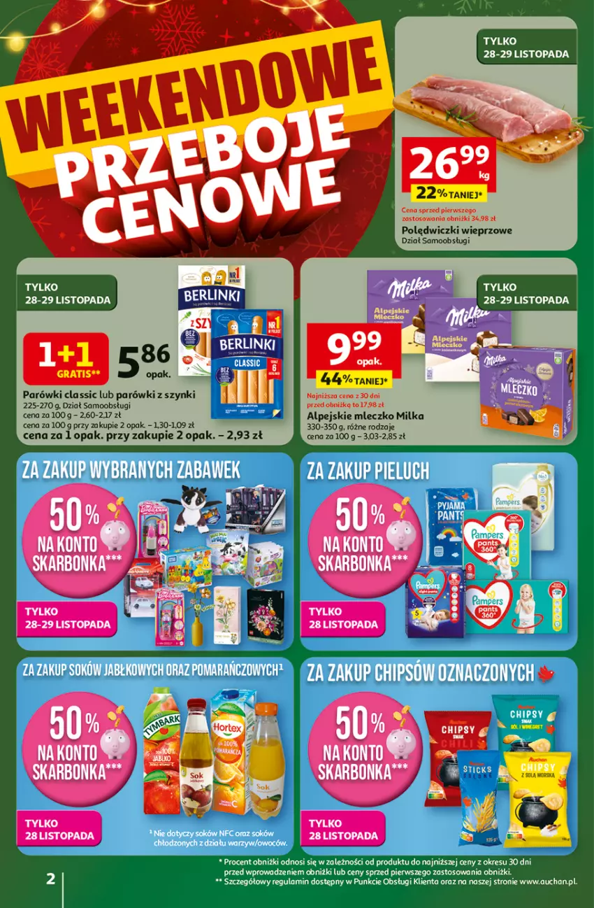 Gazetka promocyjna Auchan - Gazetka Święta jak babcię kocham Hipermarket Auchan - ważna 27.11 do 03.12.2025 - strona 2 - produkty: Milka, Mleczko, Parówki, Parówki z szynki, Top
