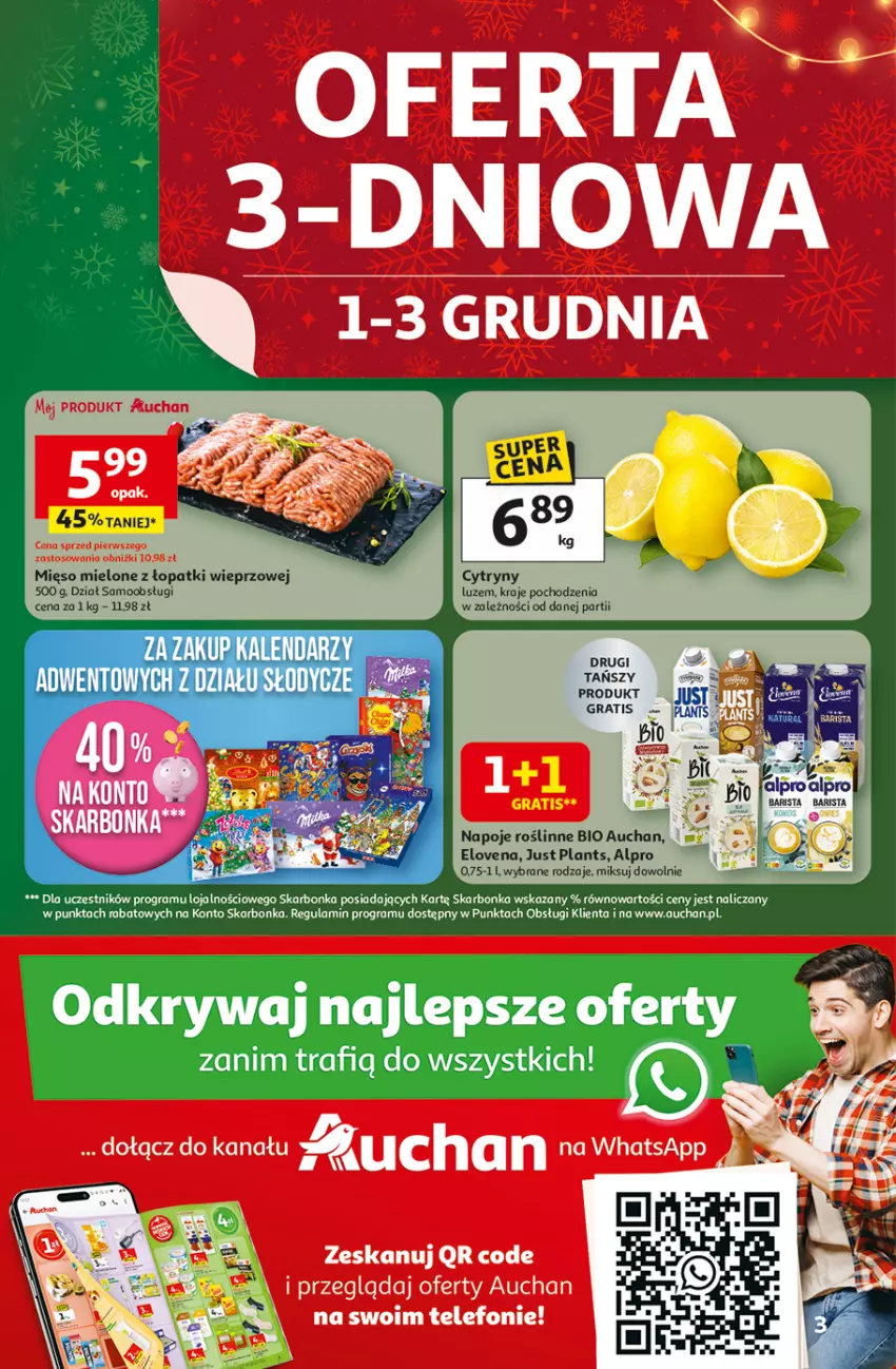 Gazetka promocyjna Auchan - Gazetka Święta jak babcię kocham Hipermarket Auchan - ważna 27.11 do 03.12.2025 - strona 3 - produkty: Alpro, Cytryny, Gra, Kalendarz, Mięso, Mięso mielone, Mięso mielone z łopatki wieprzowej, Napoje