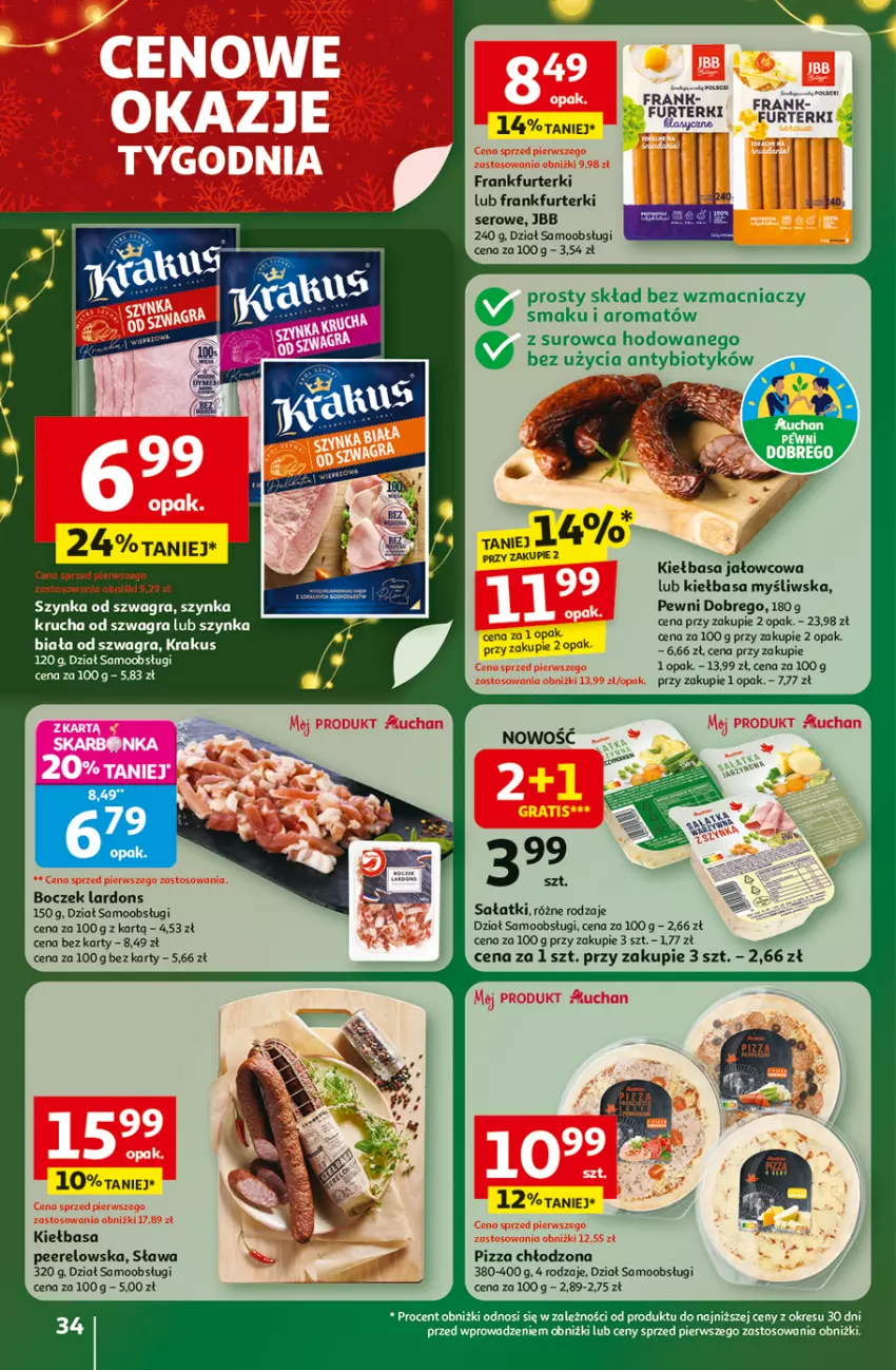 Gazetka promocyjna Auchan - Gazetka Święta jak babcię kocham Hipermarket Auchan - ważna 27.11 do 03.12.2025 - strona 34 - produkty: Boczek, EPEE, Frankfurterki, Gra, Kiełbasa, Pizza, Sałat, Ser, Szynka
