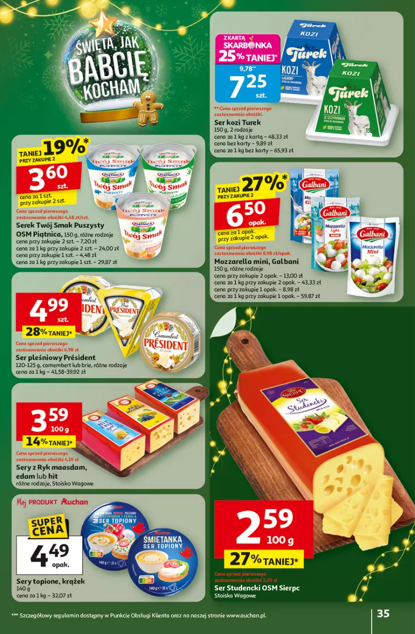 Gazetka promocyjna Auchan - Gazetka Święta jak babcię kocham Hipermarket Auchan - ważna 27.11 do 03.12.2025 - strona 35 - produkty: Brie, Camembert, Edam, Galbani, LANA, Maasdam, Mozzarella, Piątnica, Ser, Ser kozi, Ser pleśniowy, Serek, Top, Twój Smak