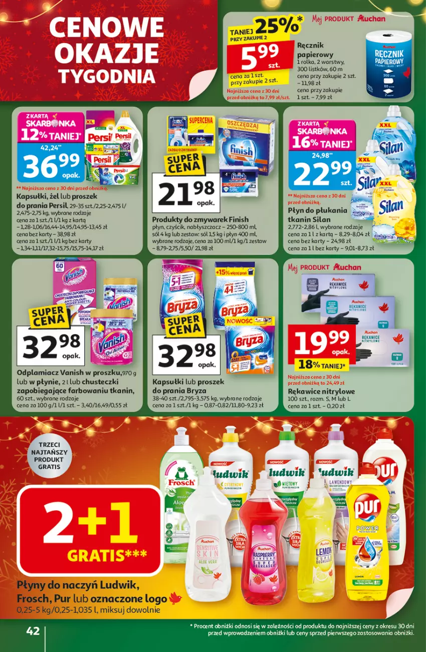 Gazetka promocyjna Auchan - Gazetka Święta jak babcię kocham Hipermarket Auchan - ważna 27.11 do 03.12.2025 - strona 42 - produkty: Bryza, Chusteczki, Fa, Finish, Frosch, Gra, Ludwik, Papier, Persil, Płyn do płukania, Produkty do zmywarek, Proszek do prania, Pur, Ręcznik, Rękawice, Silan, Sól, Tran