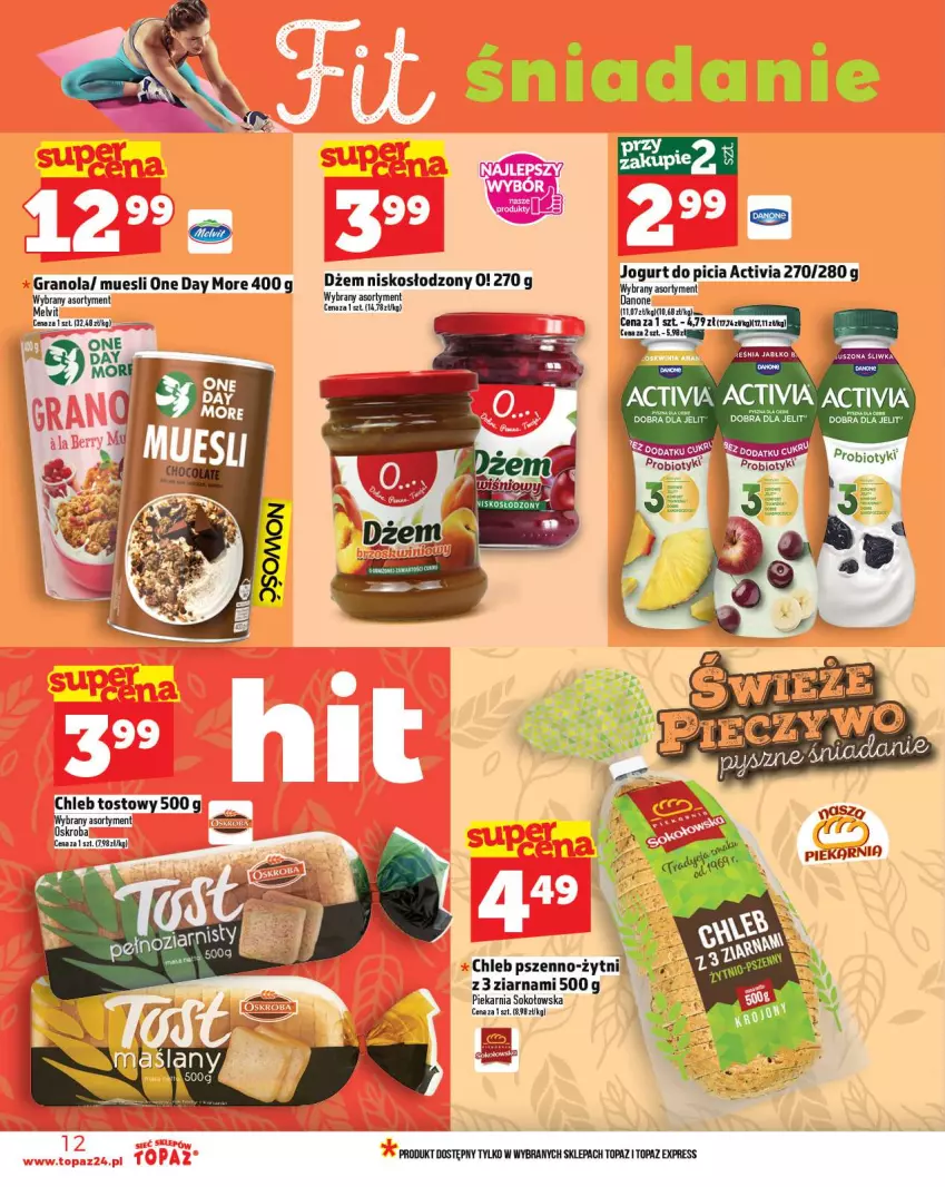 Gazetka promocyjna Topaz - Gazetka - ważna 06.11 do 12.11.2025 - strona 12 - produkty: Activia, Chleb, Chleb tostowy, Danone, Dżem, Gra, Granola, Jogurt, Melvit, Sok, Top