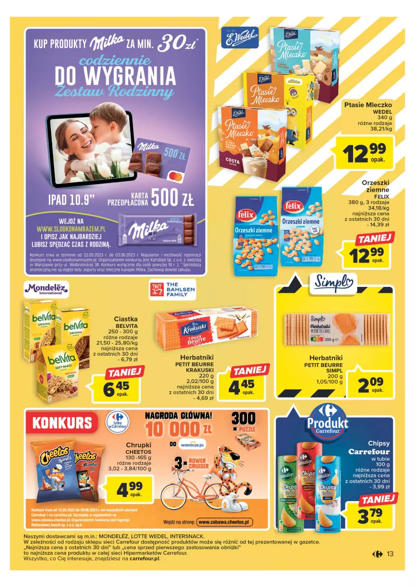 Gazetka promocyjna Carrefour - Gazetka Carrefour - ważna 23.05 do 03.06.2023 - strona 13 - produkty: BelVita, Cheetos, Chrupki, Ciastka, Fa, Felix, Herbatniki, Herbatniki Petit Beurre, Jogurt, Krakus, Krakuski, Lody, Milka, Mleczko, Orzeszki, Orzeszki ziemne, Ptasie mleczko