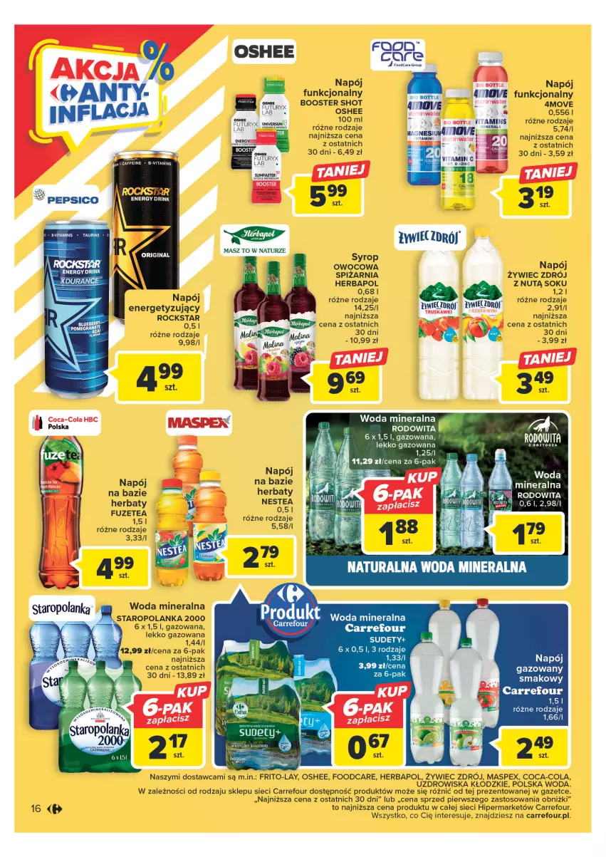 Gazetka promocyjna Carrefour - Gazetka Carrefour - ważna 23.05 do 03.06.2023 - strona 16 - produkty: Booster, Coca-Cola, Fa, Herbapol, Napój, Napój gazowany, Oshee, Sok, Staropolanka, Surf, Syrop, Woda, Woda mineralna