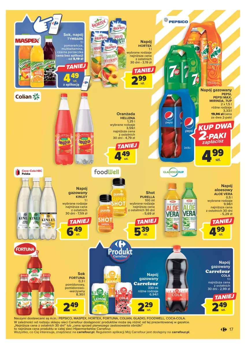 Gazetka promocyjna Carrefour - Gazetka Carrefour - ważna 23.05 do 03.06.2023 - strona 17 - produkty: 7up, Aloe vera, Coca-Cola, Fa, Fortuna, Hellena, Hortex, LG, Mirinda, Napój, Napój gazowany, Oranżada, Pepsi, Pepsi max, Por, Pur, Sati, Sok, Tymbark