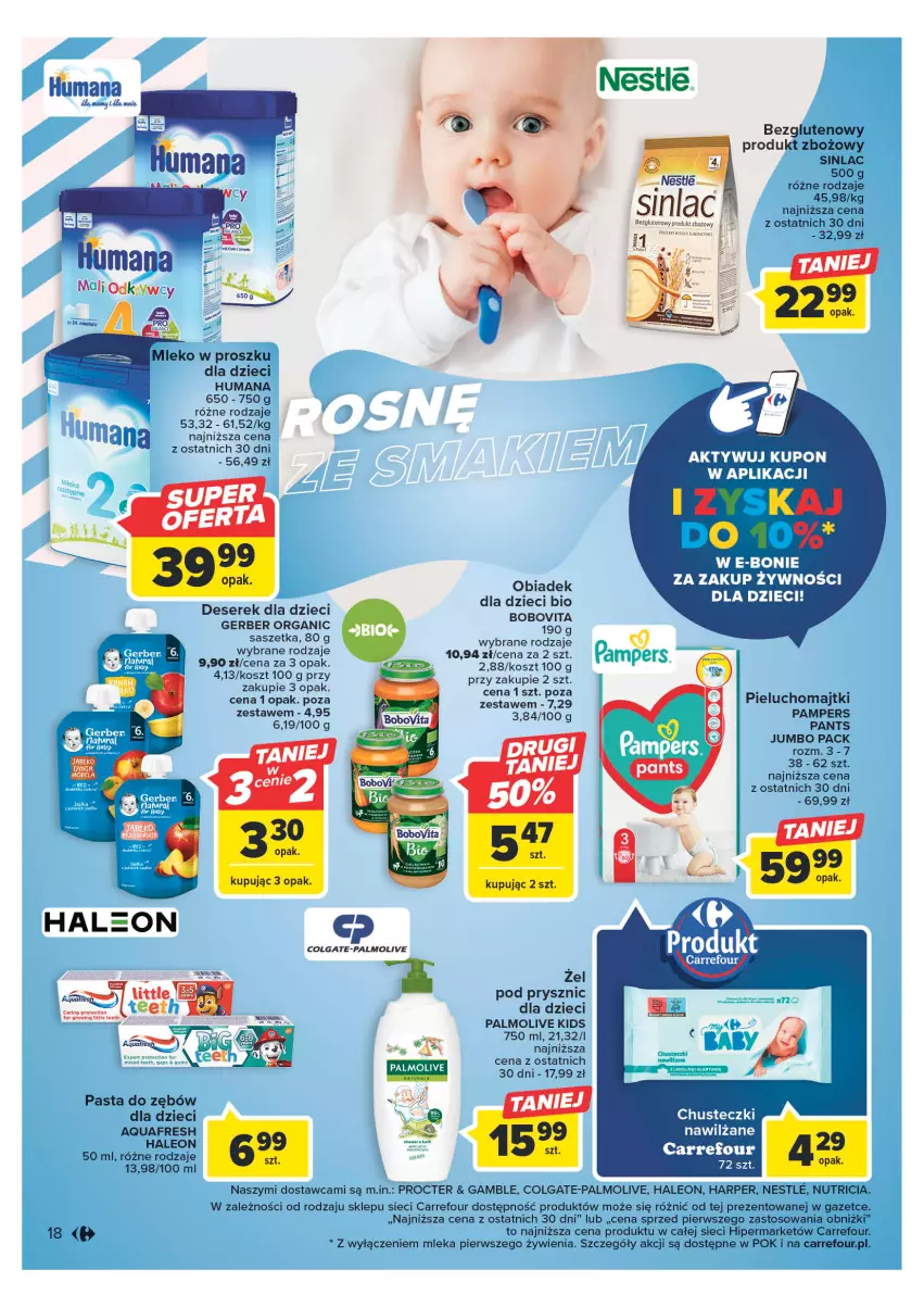 Gazetka promocyjna Carrefour - Gazetka Carrefour - ważna 23.05 do 03.06.2023 - strona 18 - produkty: Aquafresh, BoboVita, Chusteczki, Colgate, Deser, Dzieci, Gerber, Humana, Kosz, Leon, LG, Majtki, Mleko, Mleko w proszku, Palmolive, Pampers, Pasta do zębów, Pieluchomajtki, Ser, Serek, Sinlac