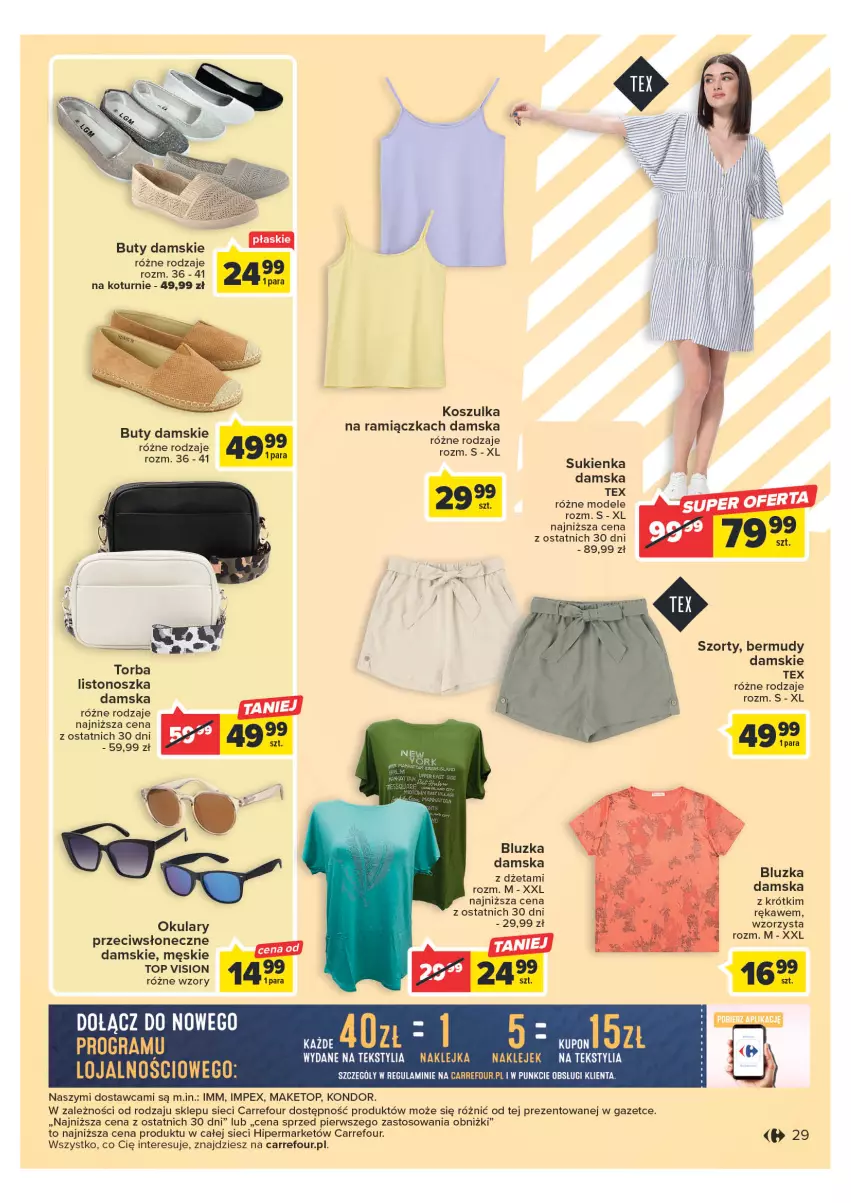 Gazetka promocyjna Carrefour - Gazetka Carrefour - ważna 23.05 do 03.06.2023 - strona 29 - produkty: Bermudy, Buty, Klej, Kosz, Koszulka, Sukienka, Szorty, Top, Torba