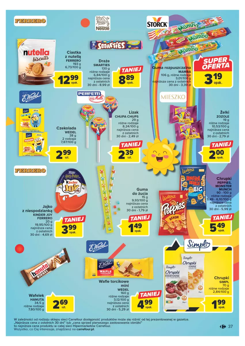 Gazetka promocyjna Carrefour - Gazetka Carrefour - ważna 23.05 do 03.06.2023 - strona 37 - produkty: Chrupki, Chupa Chups, Ciastka, Czekolada, Ferrero, Kinder, Nutella, Wafelek, Wafle