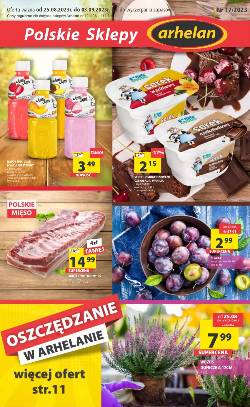 Gazetka promocyjna Arhelan - Gazetka - ważna 25.08 do 03.09.2023 - strona 1 - produkty: Boczek, Boczek wieprzowy, Czekolada, Napój, Rolmlecz, Ser, Serek, Serek homogenizowany