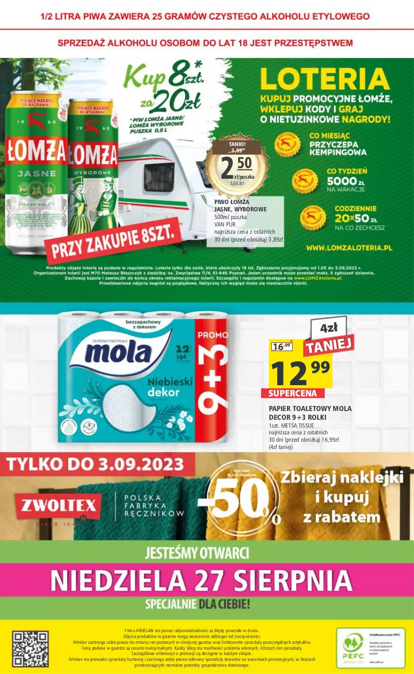 Gazetka promocyjna Arhelan - Gazetka - ważna 25.08 do 03.09.2023 - strona 20 - produkty: Mola, Papier, Papier toaletowy, Piwo, Pur, Rolki