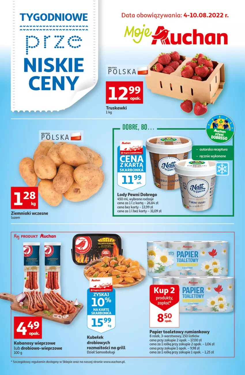 Gazetka promocyjna Auchan - Tygodniowe przeNISKIE CENY Moje Auchan - ważna 04.08 do 10.08.2022 - strona 1 - produkty: Grill, Kabanos, Lody, Papier, Papier toaletowy, Rum, Truskawki, Ziemniaki