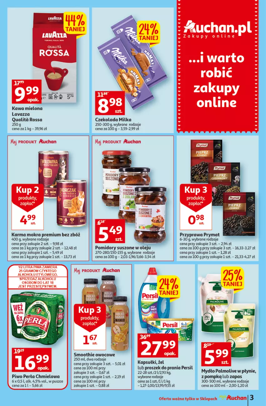 Gazetka promocyjna Auchan - Tygodniowe przeNISKIE CENY Moje Auchan - ważna 04.08 do 10.08.2022 - strona 3 - produkty: Czekolada, Kawa, Kawa mielona, Lavazza, Milka, Mydło, Olej, Palmolive, Piwo, Pomidory, Por, Proszek do prania, Prymat, Smoothie