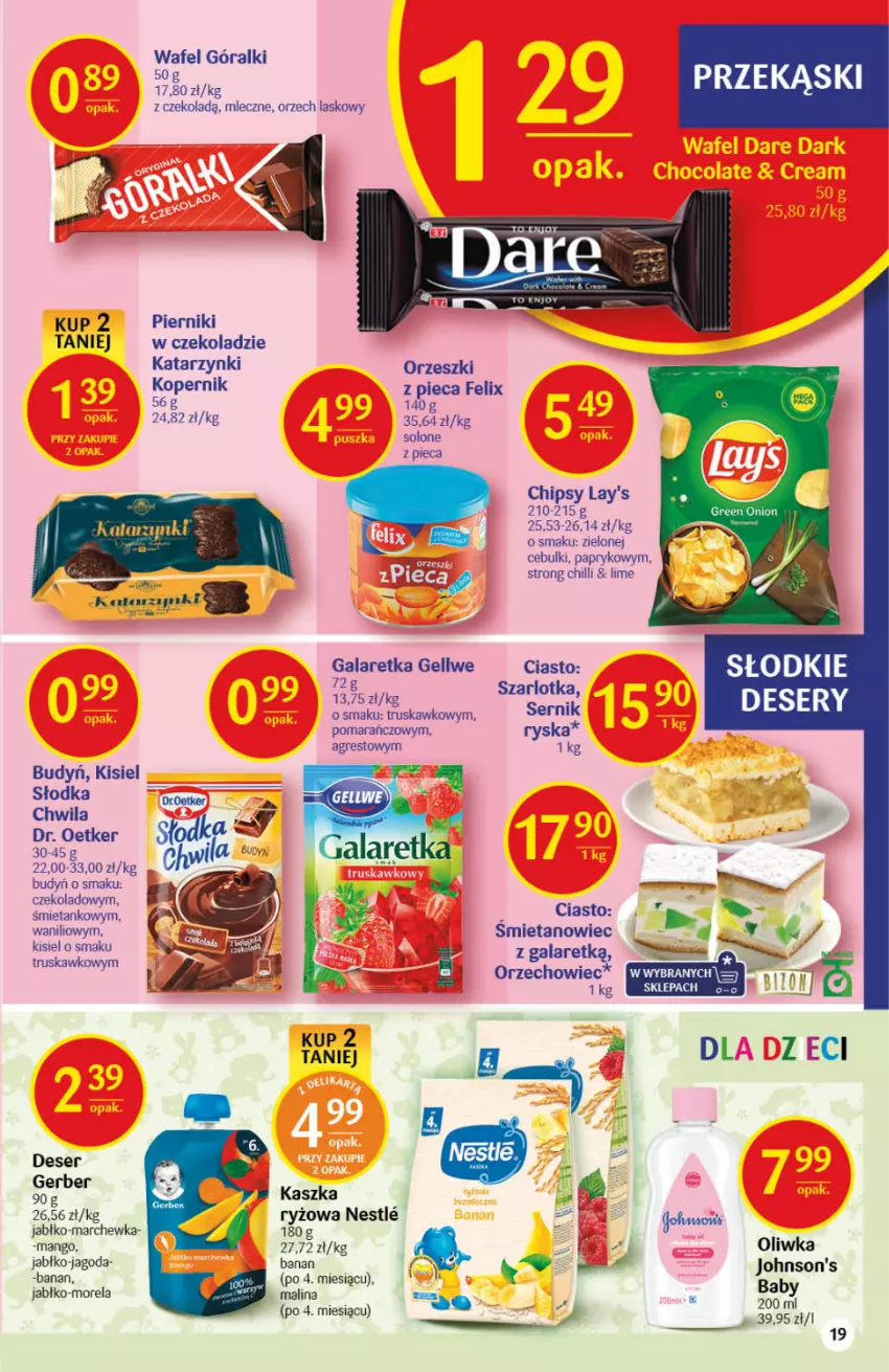 Gazetka promocyjna Delikatesy Centrum - Gazetka DC43 n. fresh - ważna 28.10 do 03.11.2021 - strona 19 - produkty: Budyń, Chipsy, Deser, Dr. Oetker, Felix, Gala, Galaretka, Gerber, Góralki, Gres, Johnson's, Kisiel, Mango, Marchewka, Morela, Orzeszki, Piec, Piernik, Ryż, Ser, Szarlotka