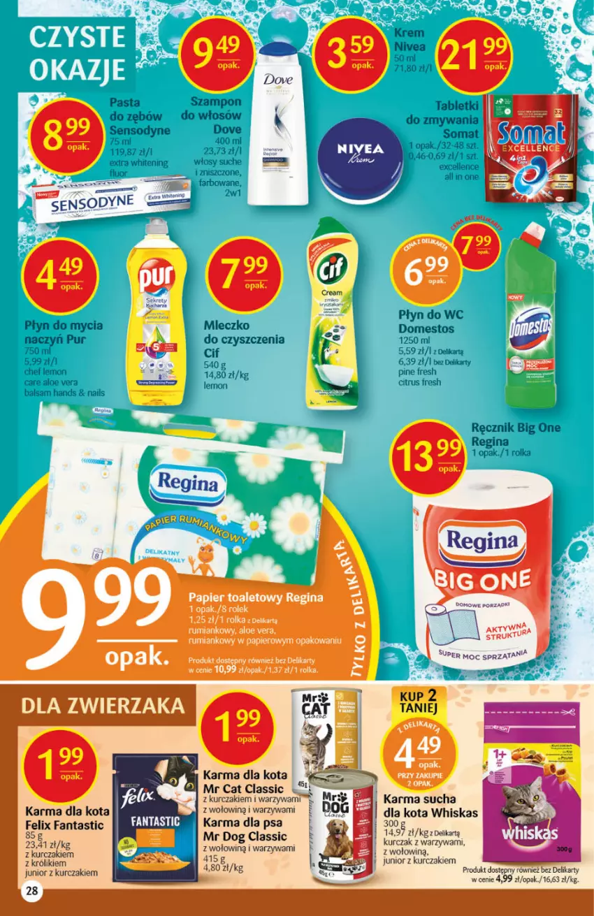 Gazetka promocyjna Delikatesy Centrum - Gazetka DC43 n. fresh - ważna 28.10 do 03.11.2021 - strona 28 - produkty: Aloe vera, Cif, Domestos, Dove, Fa, Fanta, Felix, Gin, Królik, Kurczak, Mleczko, Nivea, Papier, Płyn do mycia, Płyn do wc, Pur, Ręcznik, Rum, Sensodyne, Tablet, Warzywa, Whiskas