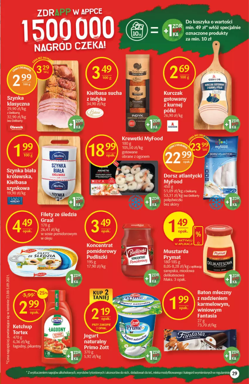 Gazetka promocyjna Delikatesy Centrum - Gazetka DC43 n. fresh - ważna 28.10 do 03.11.2021 - strona 29 - produkty: Dorsz, Fa, Fanta, Jogurt, Ketchup, Kiełbasa, Krewetki, Kurczak, Mus, Musztarda, Olej, Prymat, Pudliszki, Szynka, Szynka biała