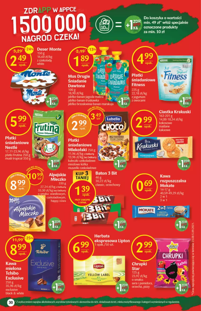 Gazetka promocyjna Delikatesy Centrum - Gazetka DC43 n. fresh - ważna 28.10 do 03.11.2021 - strona 30 - produkty: Baton, Chrupki, Dawtona, Deser, Gra, Jogurt, Kawa, Kokos, Lack, Lipton, Mleko, Monte, Mus, Ser, Tropical, Wazon