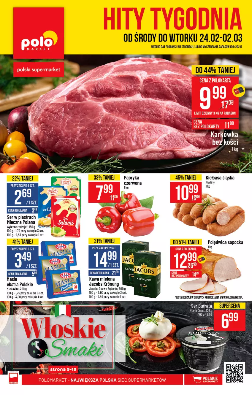 Gazetka promocyjna PoloMarket - Gazetka promocyjna  r - ważna 24.02 do 02.03.2021 - strona 1 - produkty: Jacobs, Kawa, Kawa mielona, Kiełbasa, Kiełbasa śląska, LANA, LG, Masło, Mleko, Mlekovita, Morliny, Polędwica, Ser