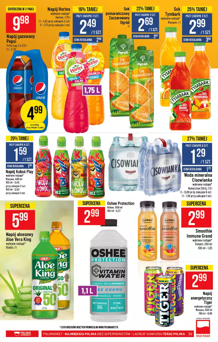 Gazetka promocyjna PoloMarket - Gazetka promocyjna  r - ważna 24.02 do 02.03.2021 - strona 39 - produkty: Aloe vera, Cisowianka, Gra, Hortex, Kubuś, Laur, Mango, Napój, Napój energetyczny, Napój gazowany, Ogród, Oshee, Pepsi, Por, Smoothie, Sok, Tiger, Tymbark, Woda, Woda mineralna