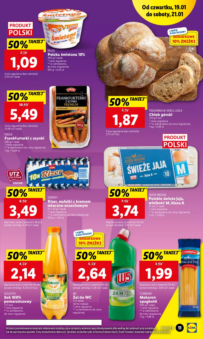 Gazetka promocyjna Lidl - GAZETKA - ważna 19.01 do 21.01.2023 - strona 11 - produkty: Chleb, Frankfurterki, Jaja, Makaron, PIKOK, Pilos, Ser, Sok, Spaghetti