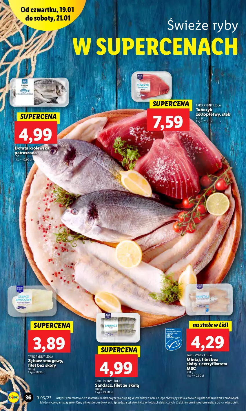 Gazetka promocyjna Lidl - GAZETKA - ważna 19.01 do 21.01.2023 - strona 40 - produkty: Mintaj, Sandacz, Stek, Top, Tuńczyk