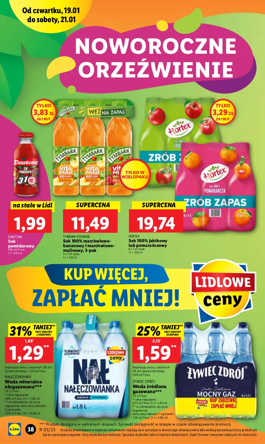 Gazetka promocyjna Lidl - GAZETKA - ważna 19.01 do 21.01.2023 - strona 42 - produkty: Dawtona, Hortex, LANA, Nałęczowianka, Sok, Sok pomidorowy, Tymbark, Woda, Woda mineralna