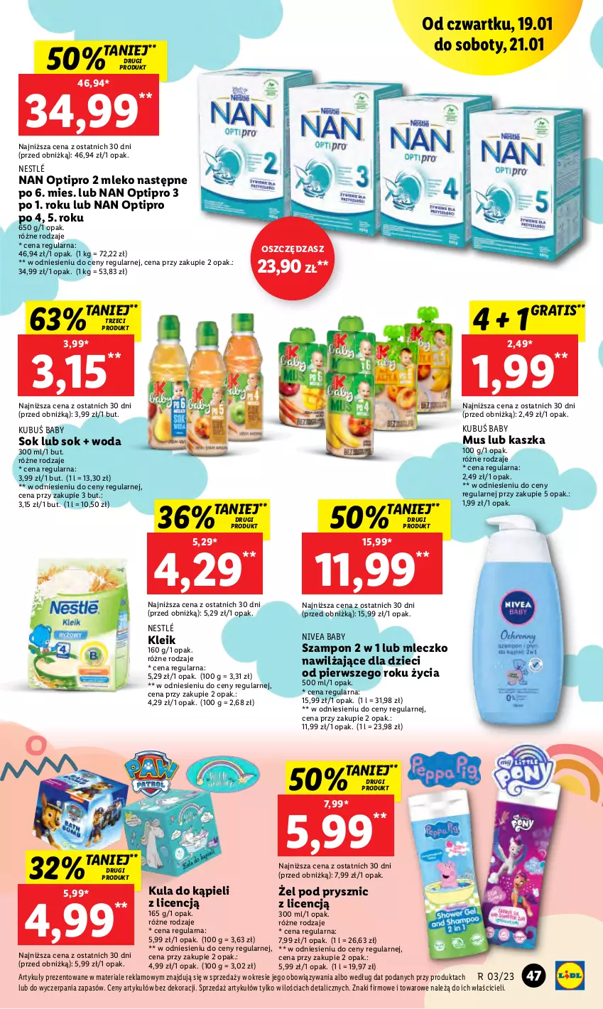 Gazetka promocyjna Lidl - GAZETKA - ważna 19.01 do 21.01.2023 - strona 53 - produkty: Dzieci, Gra, Kubuś, Kula do kąpieli, Mleczko, Mleko, Mus, NAN Optipro, Nestlé, Nivea, Nivea Baby, O nas, Sok, Szampon, Woda