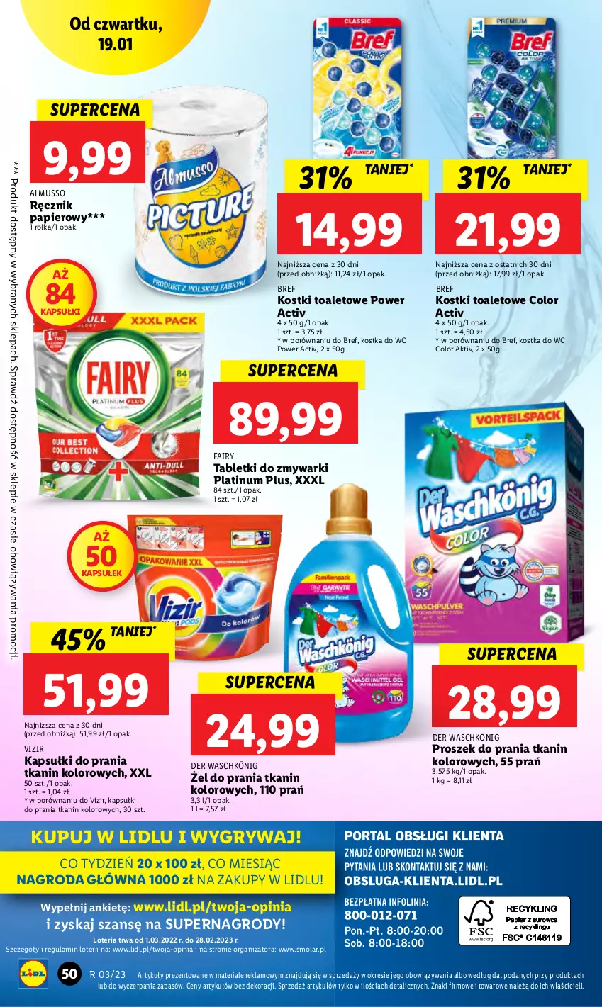 Gazetka promocyjna Lidl - GAZETKA - ważna 19.01 do 21.01.2023 - strona 56 - produkty: Bref, Fa, Fairy, Gry, Kapsułki do prania, König, Kostka do wc, Mola, Mus, Papier, Por, Proszek do prania, Ręcznik, Tablet, Tabletki do zmywarki, Vizir, Zmywarki