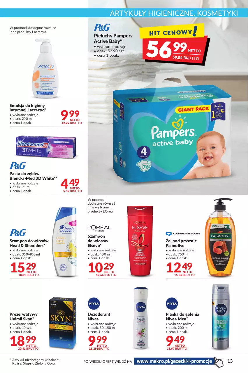 Gazetka promocyjna Makro - Najlepsze oferty - ważna 04.10 do 17.10.2022 - strona 13 - produkty: Blend-a-Med, Dezodorant, Elseve, Emulsja, L’Oréal, Lactacyd, Nivea, Nivea Men, Palmolive, Pampers, Pasta do zębów, Pianka do golenia, Pieluchy, Prezerwatyw, Skyn, Szampon, Unimil