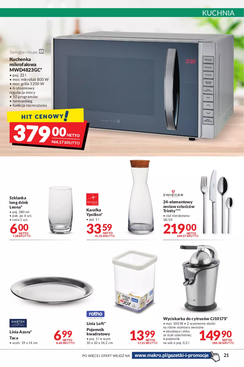 Gazetka promocyjna Makro - Najlepsze oferty - ważna 04.10 do 17.10.2022 - strona 21 - produkty: Fa, Gra, Grill, Karafka, Kuchenka mikrofalowa, Kuchnia, Leon, Lion, Pojemnik, Sitko, Sok, Szklanka, Taca, Top, Wyciskarka, Zestaw sztućców